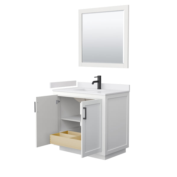 Wyndham Collection Miranda 36 Inch Single Bathroom Vanity in White, Marble Countertop, Undermount Square Sink, Matte Black Trim, 34 Inch Mirror - Luxe Bathroom Vanities