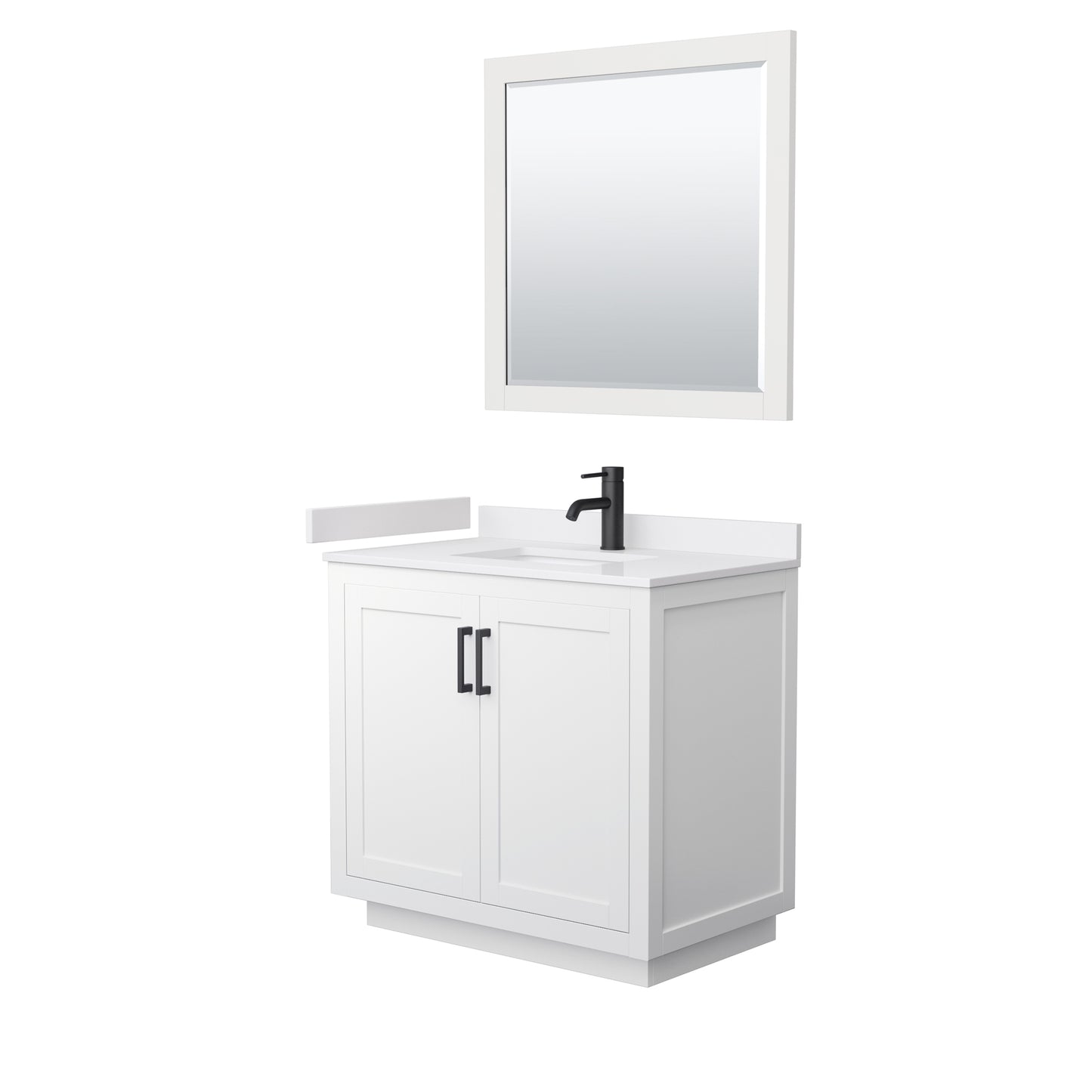 Wyndham Collection Miranda 36 Inch Single Bathroom Vanity in White, Marble Countertop, Undermount Square Sink, Matte Black Trim, 34 Inch Mirror - Luxe Bathroom Vanities