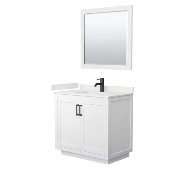 Wyndham Collection Miranda 36 Inch Single Bathroom Vanity in White, Quartz Countertop, Undermount Square Sink, Matte Black Trim - Luxe Bathroom Vanities