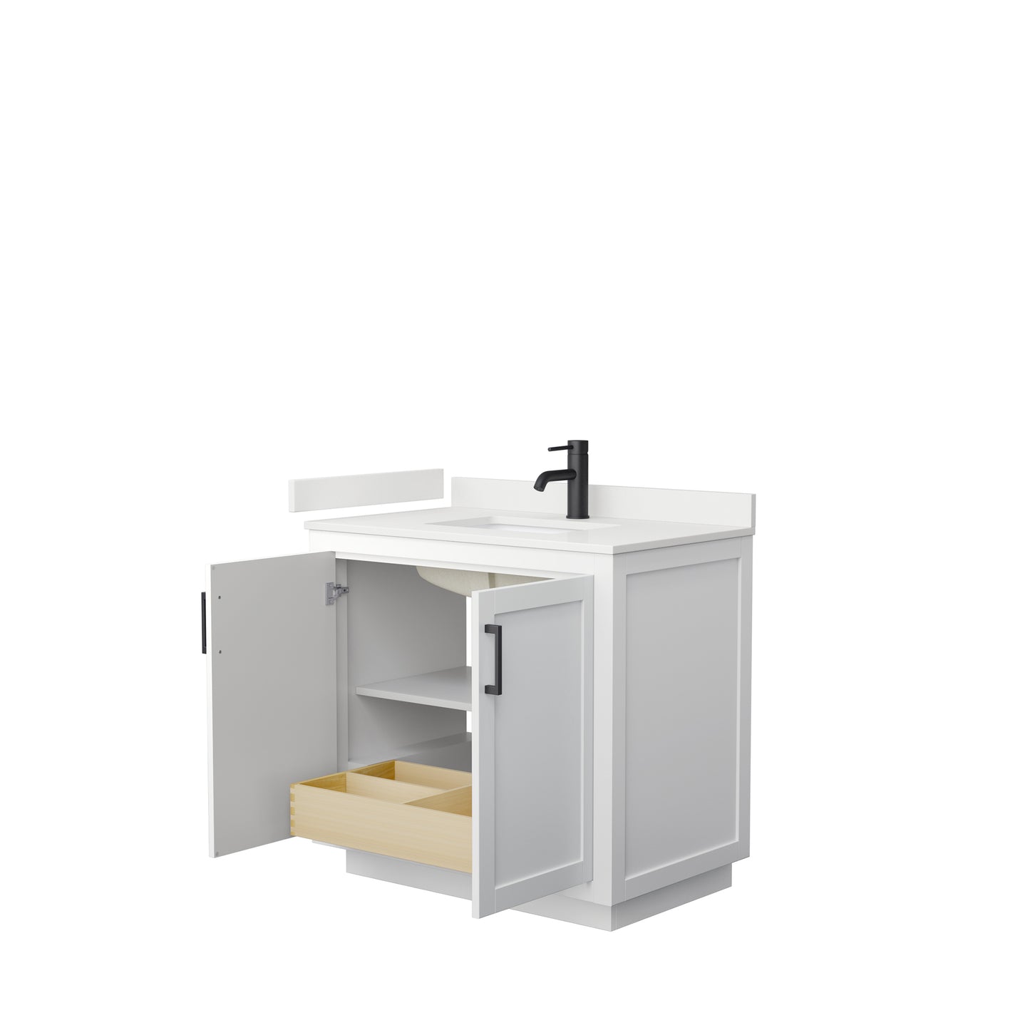 Wyndham Collection Miranda 36 Inch Single Bathroom Vanity in White, Quartz Countertop, Undermount Square Sink, Matte Black Trim - Luxe Bathroom Vanities