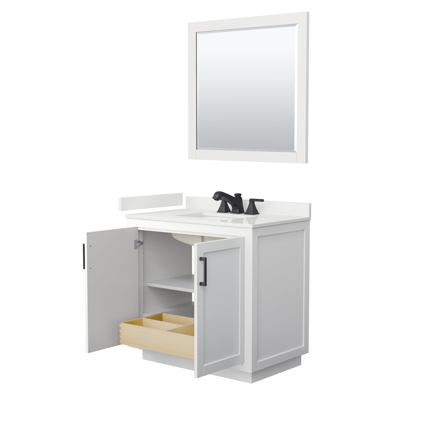 Wyndham Collection Miranda 36 Inch Single Bathroom Vanity in White, Quartz Countertop, Undermount Square Sink, Matte Black Trim - Luxe Bathroom Vanities