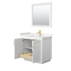 Wyndham Collection Miranda 36 Inch Single Bathroom Vanity in White, Marble Countertop, Undermount Square Sink, Brushed Gold Trim, 34 Inch Mirror - Luxe Bathroom Vanities