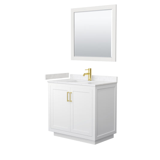 Wyndham Collection Miranda 36 Inch Single Bathroom Vanity in White, Marble Countertop, Undermount Square Sink, Brushed Gold Trim, 34 Inch Mirror - Luxe Bathroom Vanities