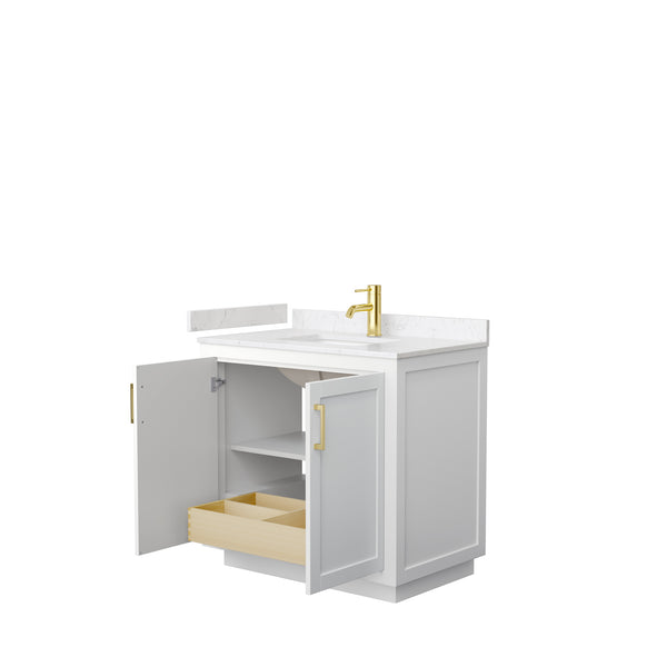 Wyndham Collection Miranda 36 Inch Single Bathroom Vanity in White, Marble Countertop, Undermount Square Sink, Brushed Gold Trim, 34 Inch Mirror - Luxe Bathroom Vanities