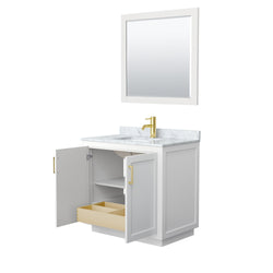 Wyndham Collection Miranda 36 Inch Single Bathroom Vanity in White, Marble Countertop, Undermount Square Sink, Brushed Gold Trim, 34 Inch Mirror - Luxe Bathroom Vanities