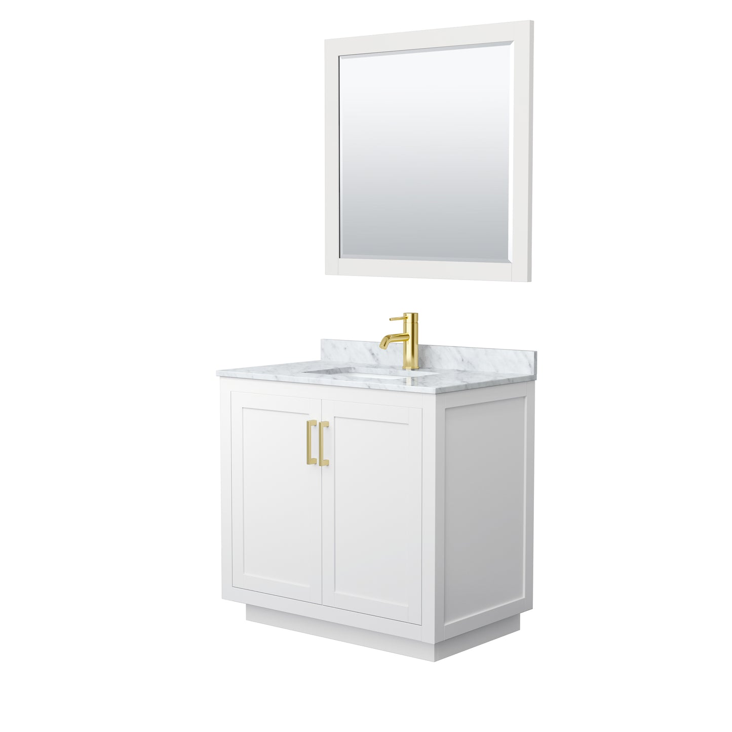 Wyndham Collection Miranda 36 Inch Single Bathroom Vanity in White, Marble Countertop, Undermount Square Sink, Brushed Gold Trim, 34 Inch Mirror - Luxe Bathroom Vanities