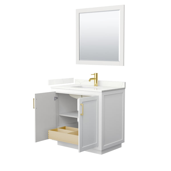 Wyndham Collection Miranda 36 Inch Single Bathroom Vanity in White, Quartz Countertop, Undermount Square Sink, Brushed Gold Trim - Luxe Bathroom Vanities