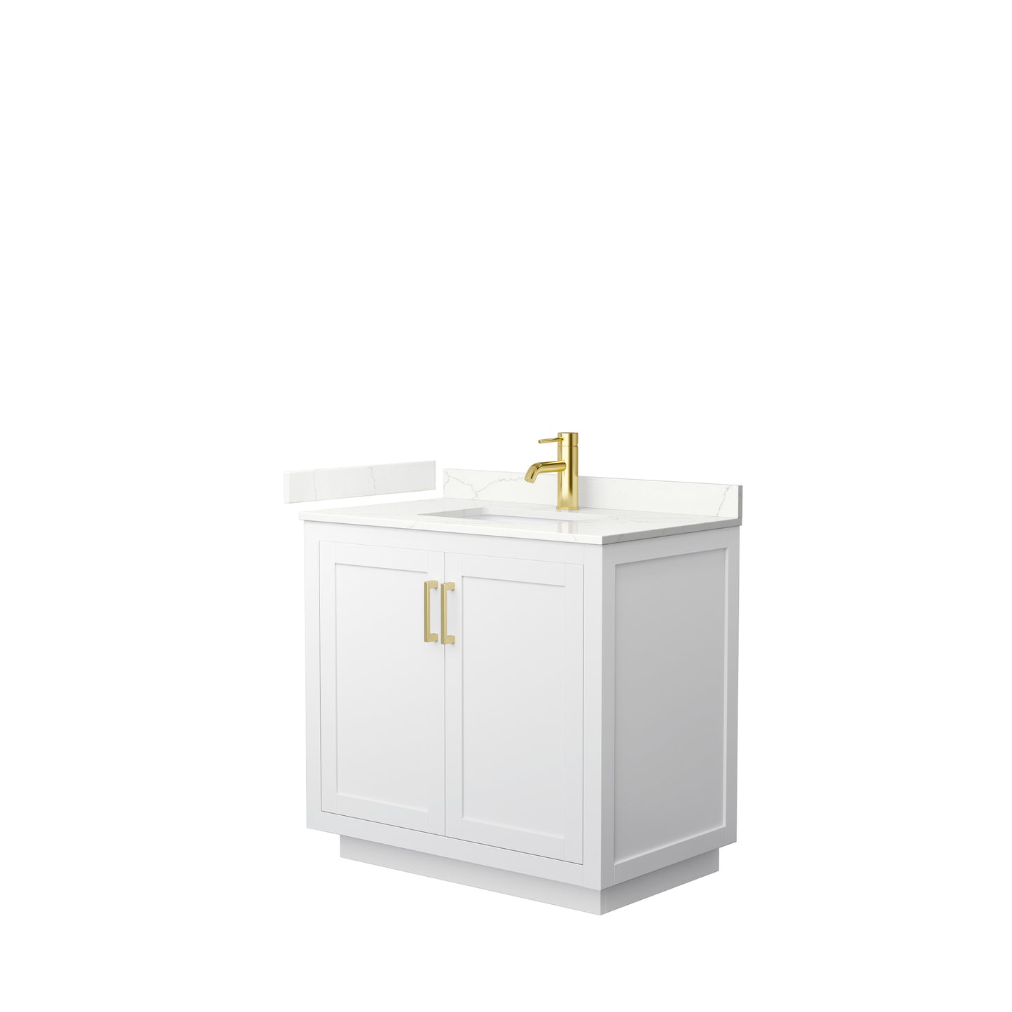 Wyndham Collection Miranda 36 Inch Single Bathroom Vanity in White, Quartz Countertop, Undermount Square Sink, Brushed Gold Trim - Luxe Bathroom Vanities
