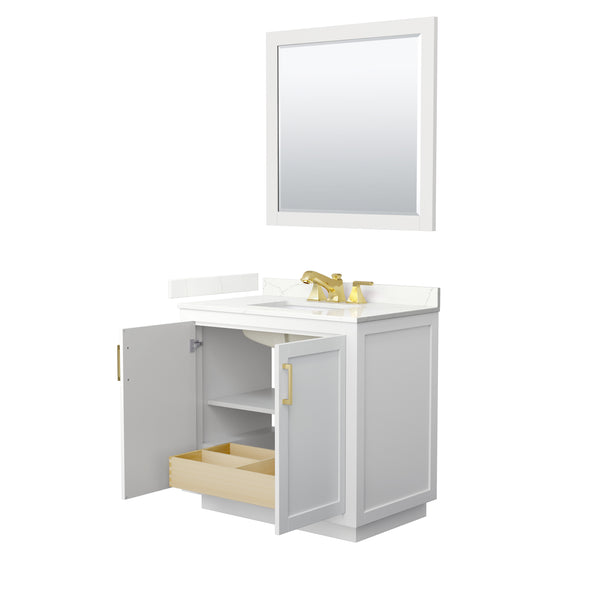 Wyndham Collection Miranda 36 Inch Single Bathroom Vanity in White, Quartz Countertop, Undermount Square Sink, Brushed Gold Trim - Luxe Bathroom Vanities