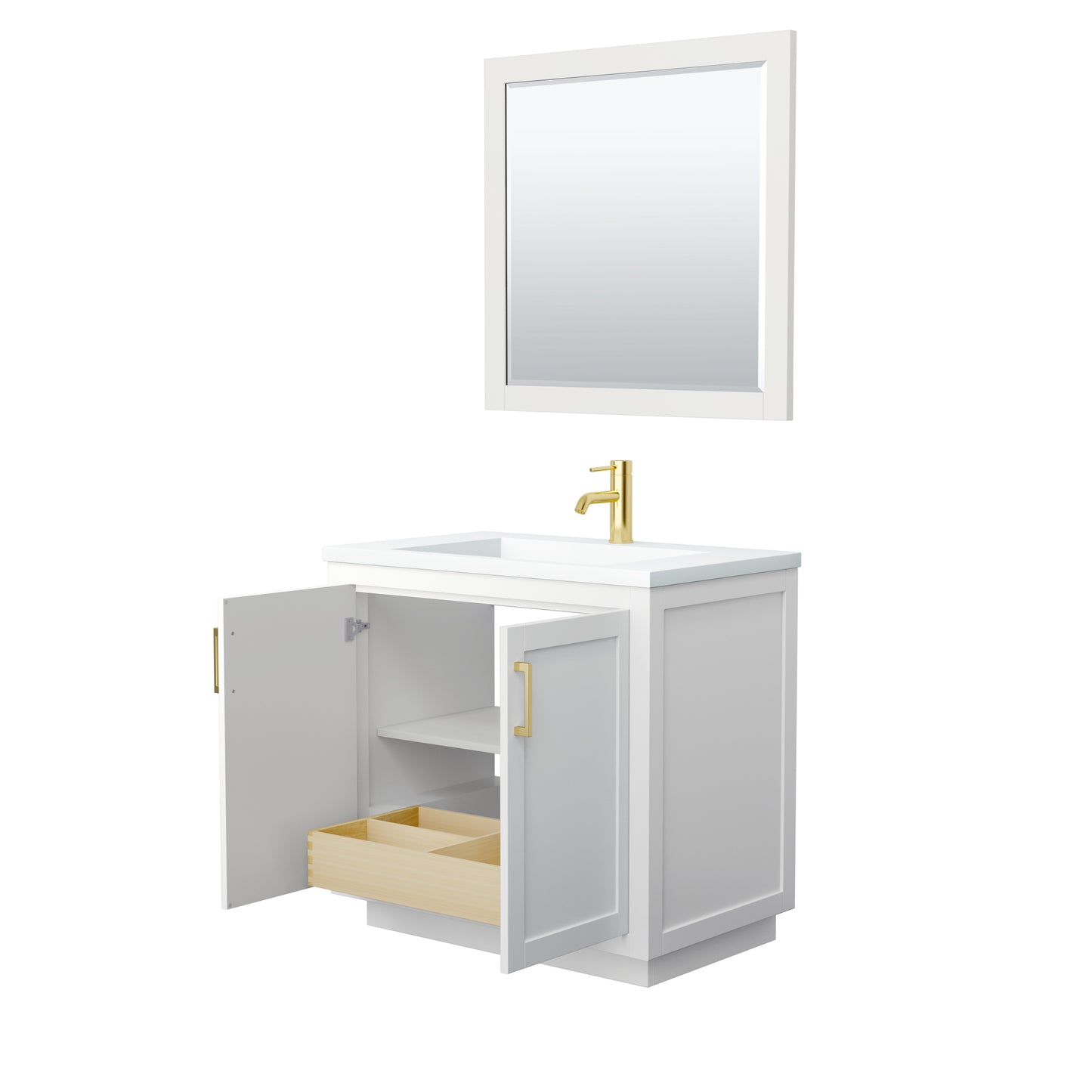 Wyndham Collection Miranda 36 Inch Single Bathroom Vanity in White, 1.25 Inch Thick Matte White Solid Surface Countertop, Integrated Sink, Brushed Gold Trim, 34 Inch Mirror - Luxe Bathroom Vanities