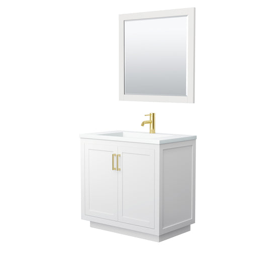 Wyndham Collection Miranda 36 Inch Single Bathroom Vanity in White, 1.25 Inch Thick Matte White Solid Surface Countertop, Integrated Sink, Brushed Gold Trim, 34 Inch Mirror - Luxe Bathroom Vanities