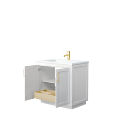 Wyndham Collection Miranda 36 Inch Single Bathroom Vanity in White, 1.25 Inch Thick Matte White Solid Surface Countertop, Integrated Sink, Brushed Gold Trim, 34 Inch Mirror - Luxe Bathroom Vanities