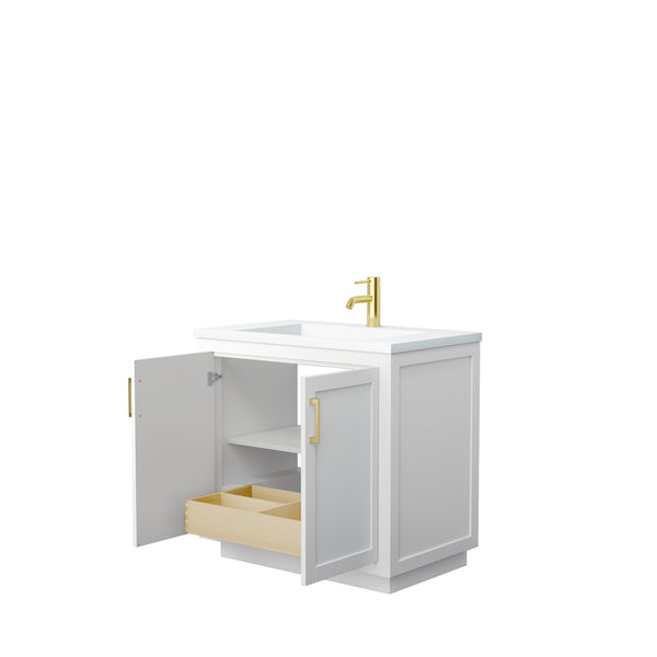 Wyndham Collection Miranda 36 Inch Single Bathroom Vanity in White, 1.25 Inch Thick Matte White Solid Surface Countertop, Integrated Sink, Brushed Gold Trim, 34 Inch Mirror - Luxe Bathroom Vanities