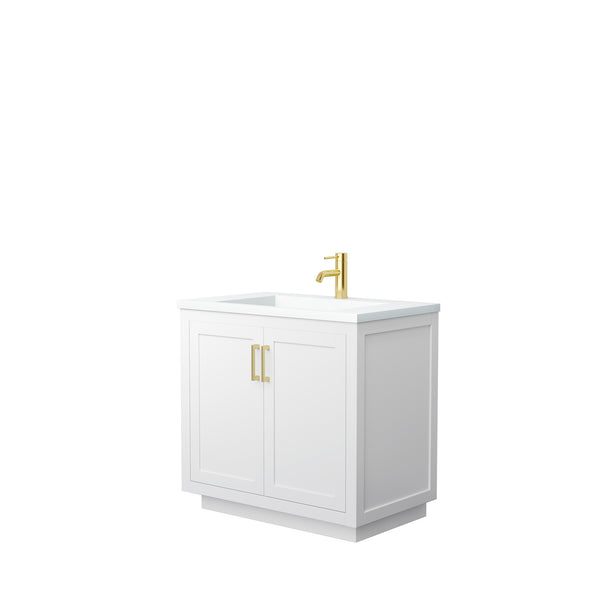 Wyndham Collection Miranda 36 Inch Single Bathroom Vanity in White, 1.25 Inch Thick Matte White Solid Surface Countertop, Integrated Sink, Brushed Gold Trim, 34 Inch Mirror - Luxe Bathroom Vanities