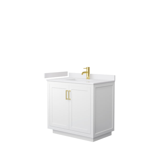 Wyndham Collection Miranda 36 Inch Single Bathroom Vanity in White, Marble Countertop, Undermount Square Sink, Brushed Gold Trim, 34 Inch Mirror - Luxe Bathroom Vanities