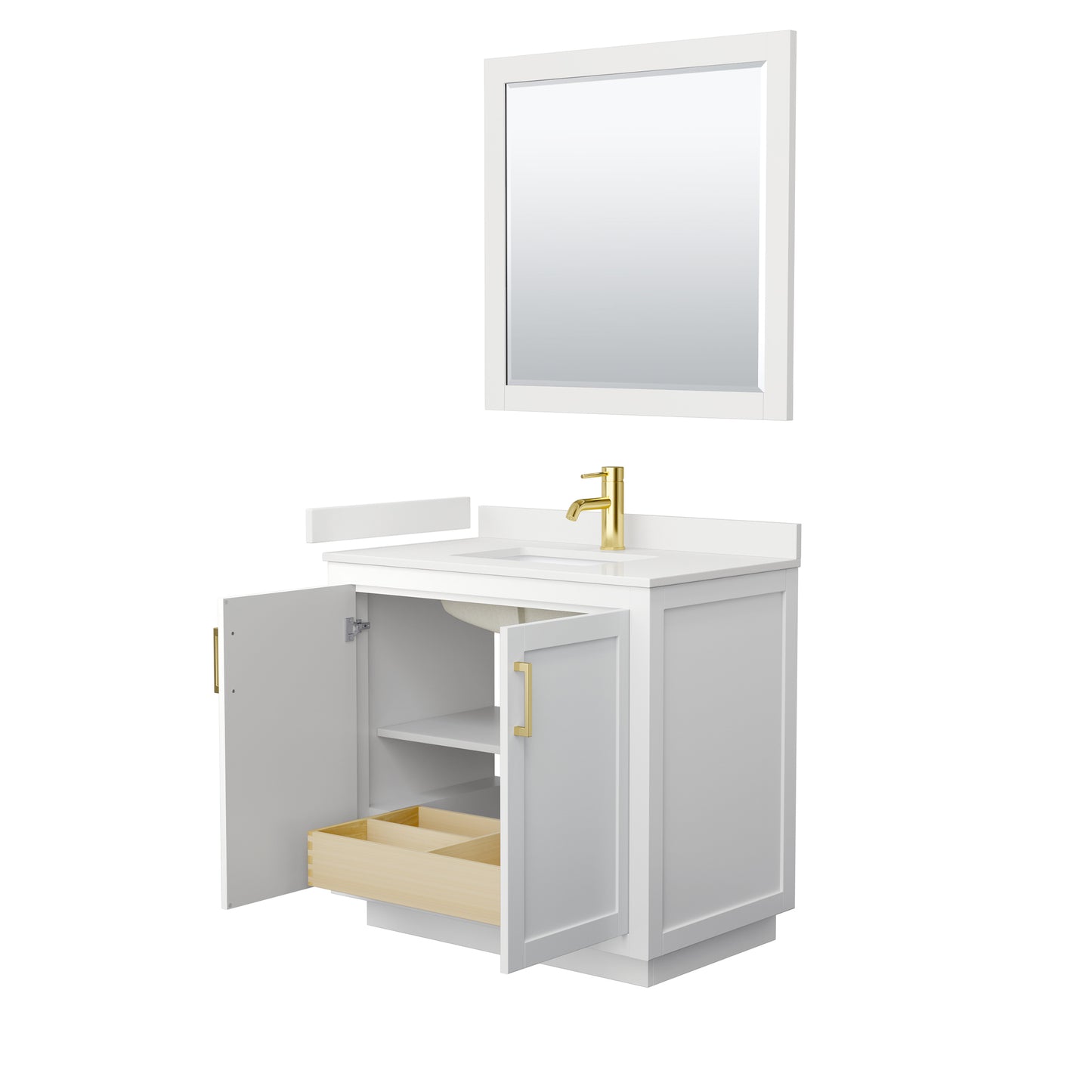 Wyndham Collection Miranda 36 Inch Single Bathroom Vanity in White, Quartz Countertop, Undermount Square Sink, Brushed Gold Trim - Luxe Bathroom Vanities