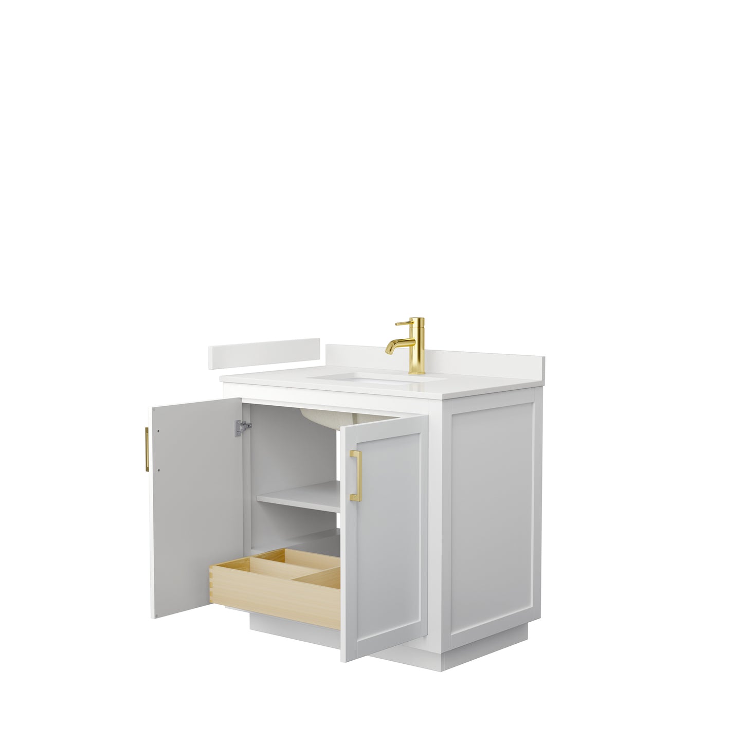 Wyndham Collection Miranda 36 Inch Single Bathroom Vanity in White, Quartz Countertop, Undermount Square Sink, Brushed Gold Trim - Luxe Bathroom Vanities