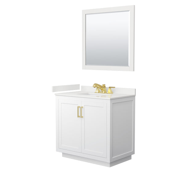 Wyndham Collection Miranda 36 Inch Single Bathroom Vanity in White, Quartz Countertop, Undermount Square Sink, Brushed Gold Trim - Luxe Bathroom Vanities