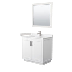 Wyndham Collection Miranda 36 Inch Single Bathroom Vanity in White, Marble Countertop, Undermount Square Sink, Brushed Nickel Trim, 34 Inch Mirror - Luxe Bathroom Vanities