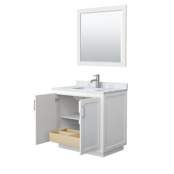 Wyndham Collection Miranda 36 Inch Single Bathroom Vanity in White, Marble Countertop, Undermount Square Sink, Brushed Nickel Trim, 34 Inch Mirror - Luxe Bathroom Vanities