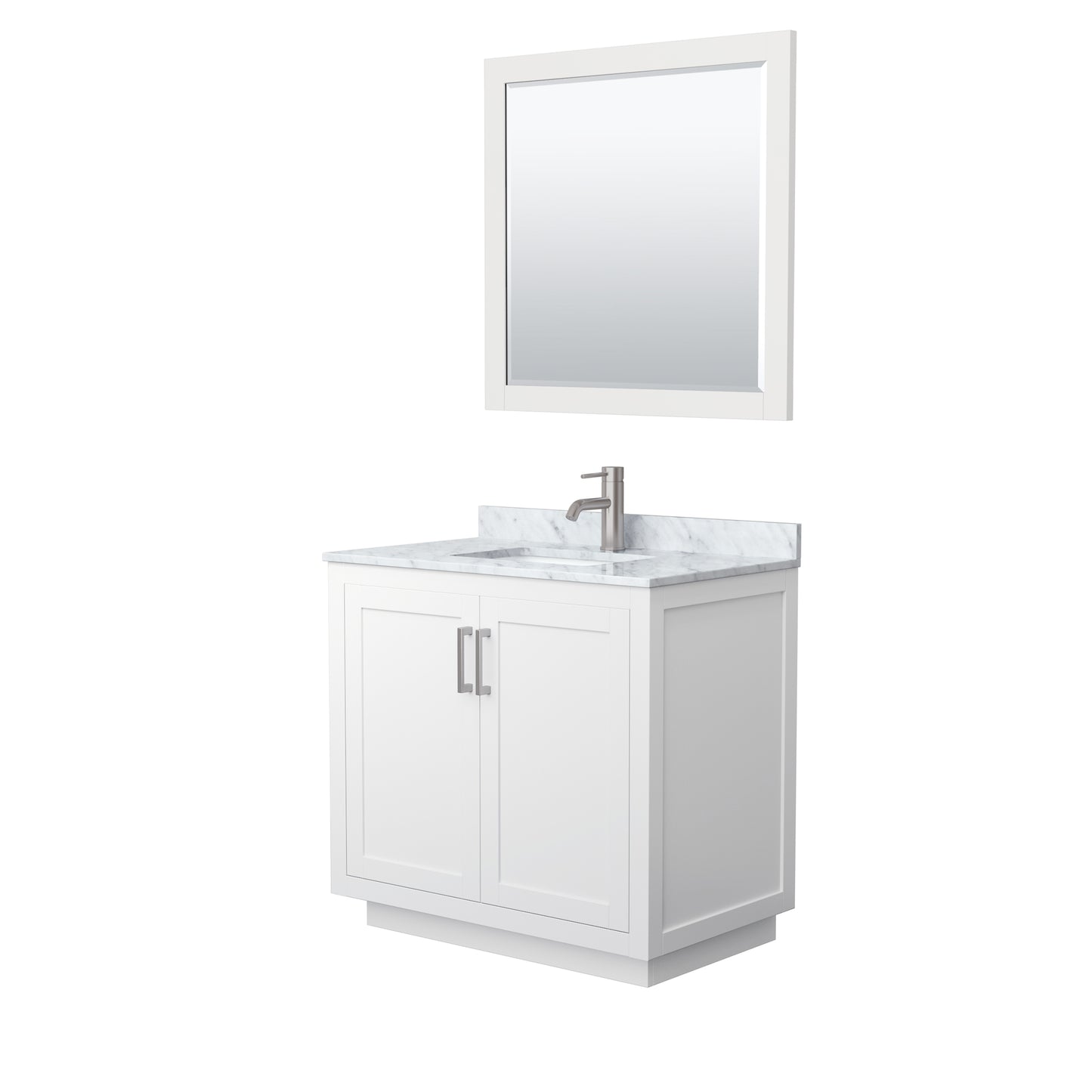 Wyndham Collection Miranda 36 Inch Single Bathroom Vanity in White, Marble Countertop, Undermount Square Sink, Brushed Nickel Trim, 34 Inch Mirror - Luxe Bathroom Vanities