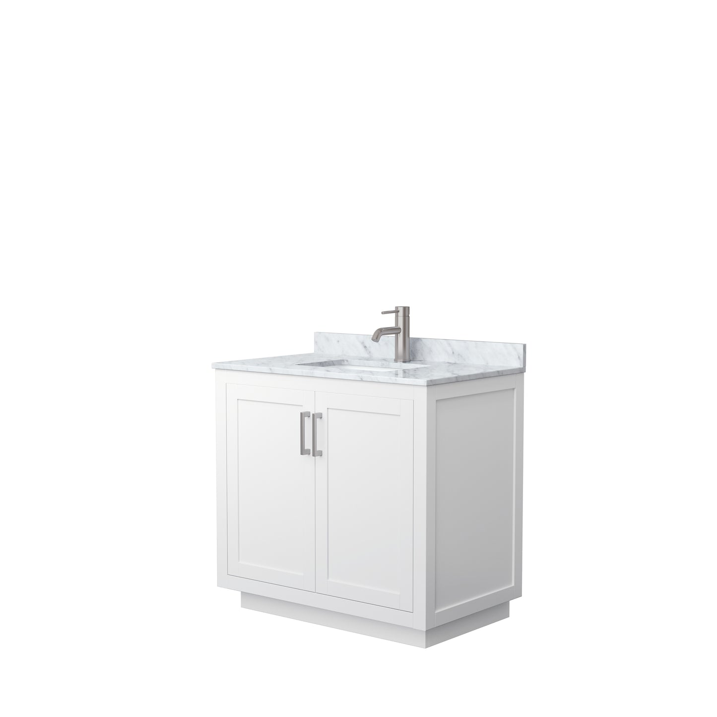 Wyndham Collection Miranda 36 Inch Single Bathroom Vanity in White, Marble Countertop, Undermount Square Sink, Brushed Nickel Trim, 34 Inch Mirror - Luxe Bathroom Vanities