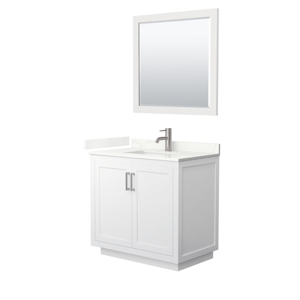 Wyndham Collection Miranda 36 Inch Single Bathroom Vanity in White, Quartz Countertop, Undermount Square Sink, Brushed Nickel Trim - Luxe Bathroom Vanities