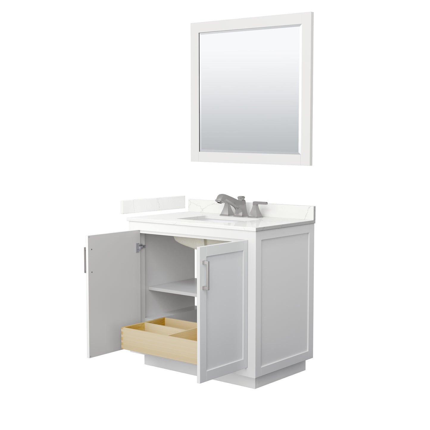 Wyndham Collection Miranda 36 Inch Single Bathroom Vanity in White, Quartz Countertop, Undermount Square Sink, Brushed Nickel Trim - Luxe Bathroom Vanities