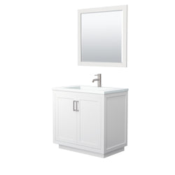 Wyndham Collection Miranda 36 Inch Single Bathroom Vanity in White, 1.25 Inch Thick Matte White Solid Surface Countertop, Integrated Sink, Brushed Nickel Trim, 34 Inch Mirror - Luxe Bathroom Vanities