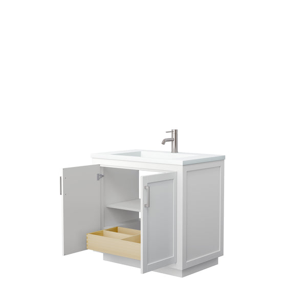 Wyndham Collection Miranda 36 Inch Single Bathroom Vanity in White, 1.25 Inch Thick Matte White Solid Surface Countertop, Integrated Sink, Brushed Nickel Trim, 34 Inch Mirror - Luxe Bathroom Vanities