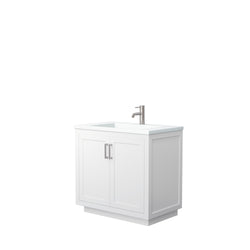 Wyndham Collection Miranda 36 Inch Single Bathroom Vanity in White, 1.25 Inch Thick Matte White Solid Surface Countertop, Integrated Sink, Brushed Nickel Trim, 34 Inch Mirror - Luxe Bathroom Vanities