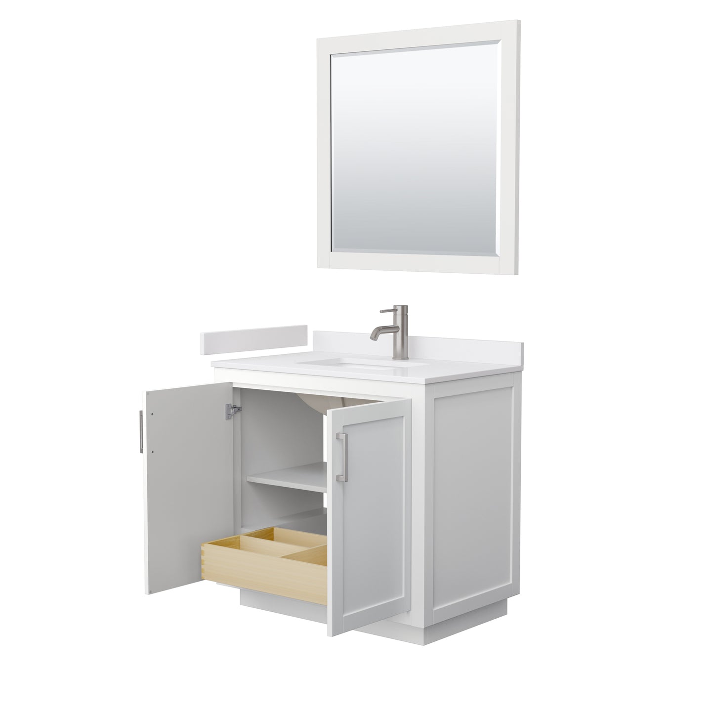 Wyndham Collection Miranda 36 Inch Single Bathroom Vanity in White, Marble Countertop, Undermount Square Sink, Brushed Nickel Trim, 34 Inch Mirror - Luxe Bathroom Vanities