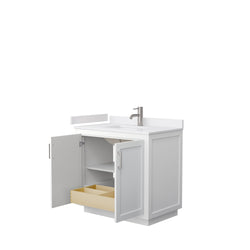 Wyndham Collection Miranda 36 Inch Single Bathroom Vanity in White, Marble Countertop, Undermount Square Sink, Brushed Nickel Trim, 34 Inch Mirror - Luxe Bathroom Vanities