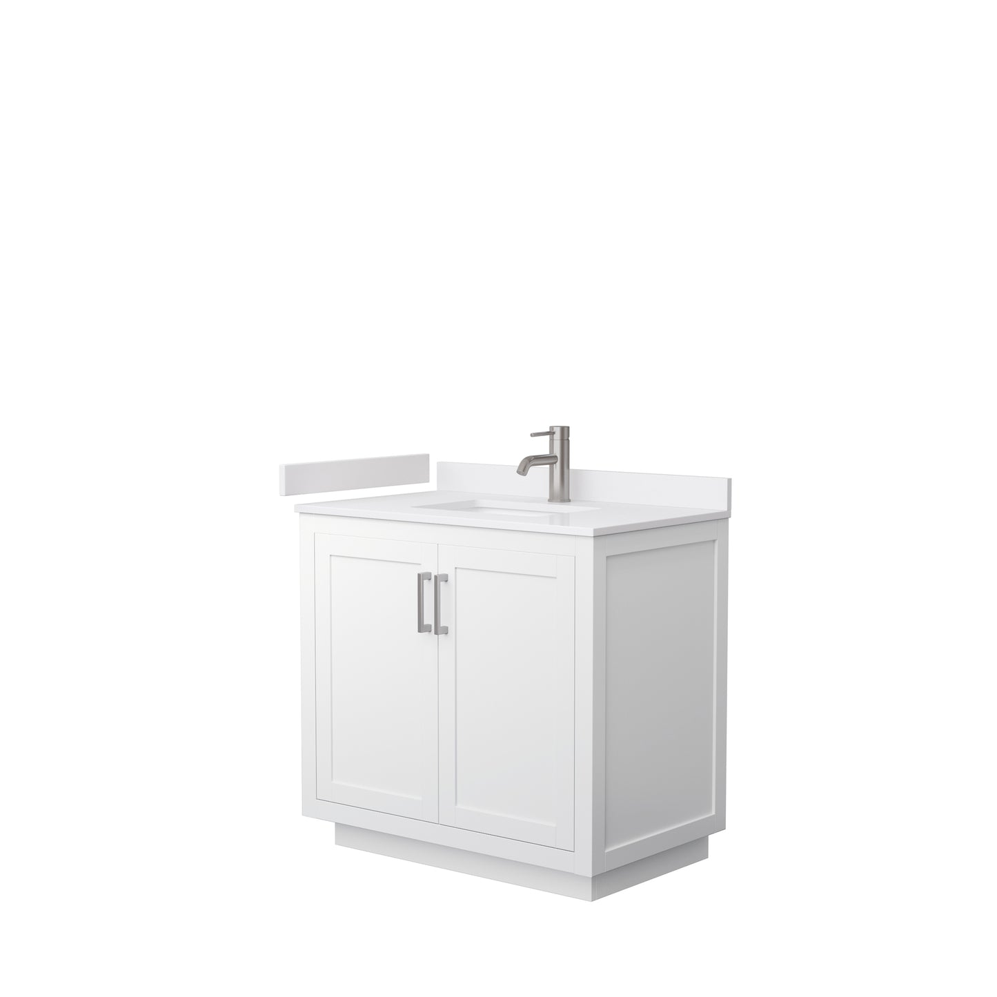 Wyndham Collection Miranda 36 Inch Single Bathroom Vanity in White, Marble Countertop, Undermount Square Sink, Brushed Nickel Trim, 34 Inch Mirror - Luxe Bathroom Vanities