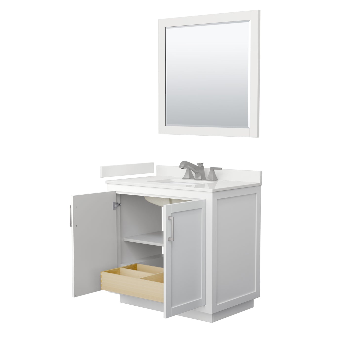 Wyndham Collection Miranda 36 Inch Single Bathroom Vanity in White, Quartz Countertop, Undermount Square Sink, Brushed Nickel Trim - Luxe Bathroom Vanities