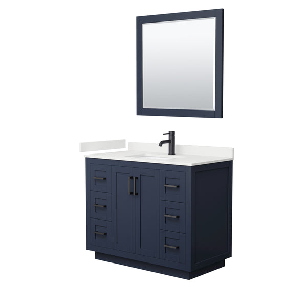 Wyndham Collection Miranda 42 Inch Single Bathroom Vanity in Dark Blue, Quartz Countertop, Undermount Square Sink, Matte Black Trim - Luxe Bathroom Vanities