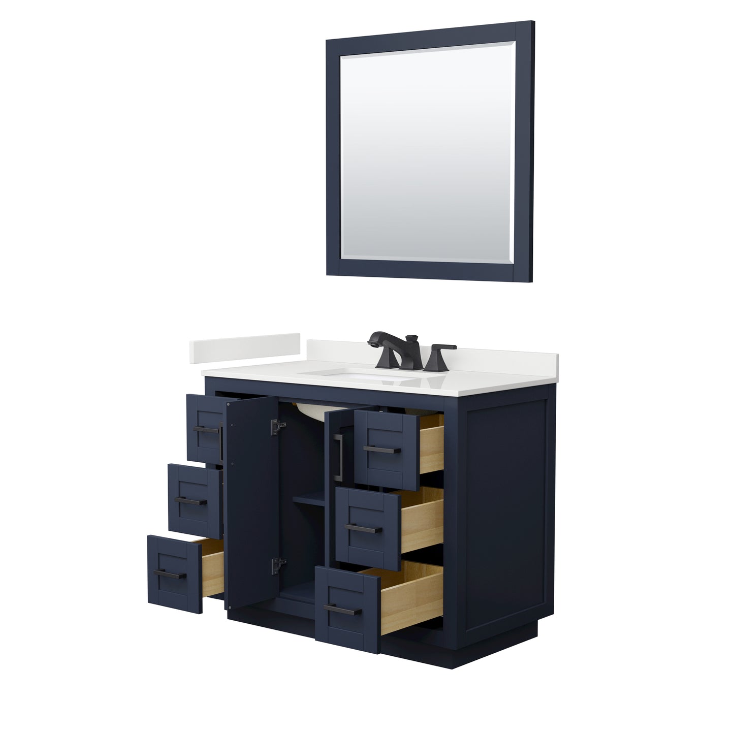 Wyndham Collection Miranda 42 Inch Single Bathroom Vanity in Dark Blue, Quartz Countertop, Undermount Square Sink, Matte Black Trim - Luxe Bathroom Vanities