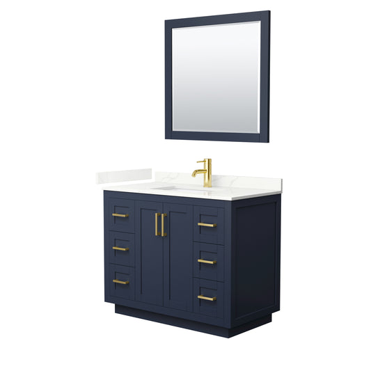 Wyndham Collection Miranda 42 Inch Single Bathroom Vanity in Dark Blue, Quartz Countertop, Undermount Square Sink, Brushed Gold Trim - Luxe Bathroom Vanities