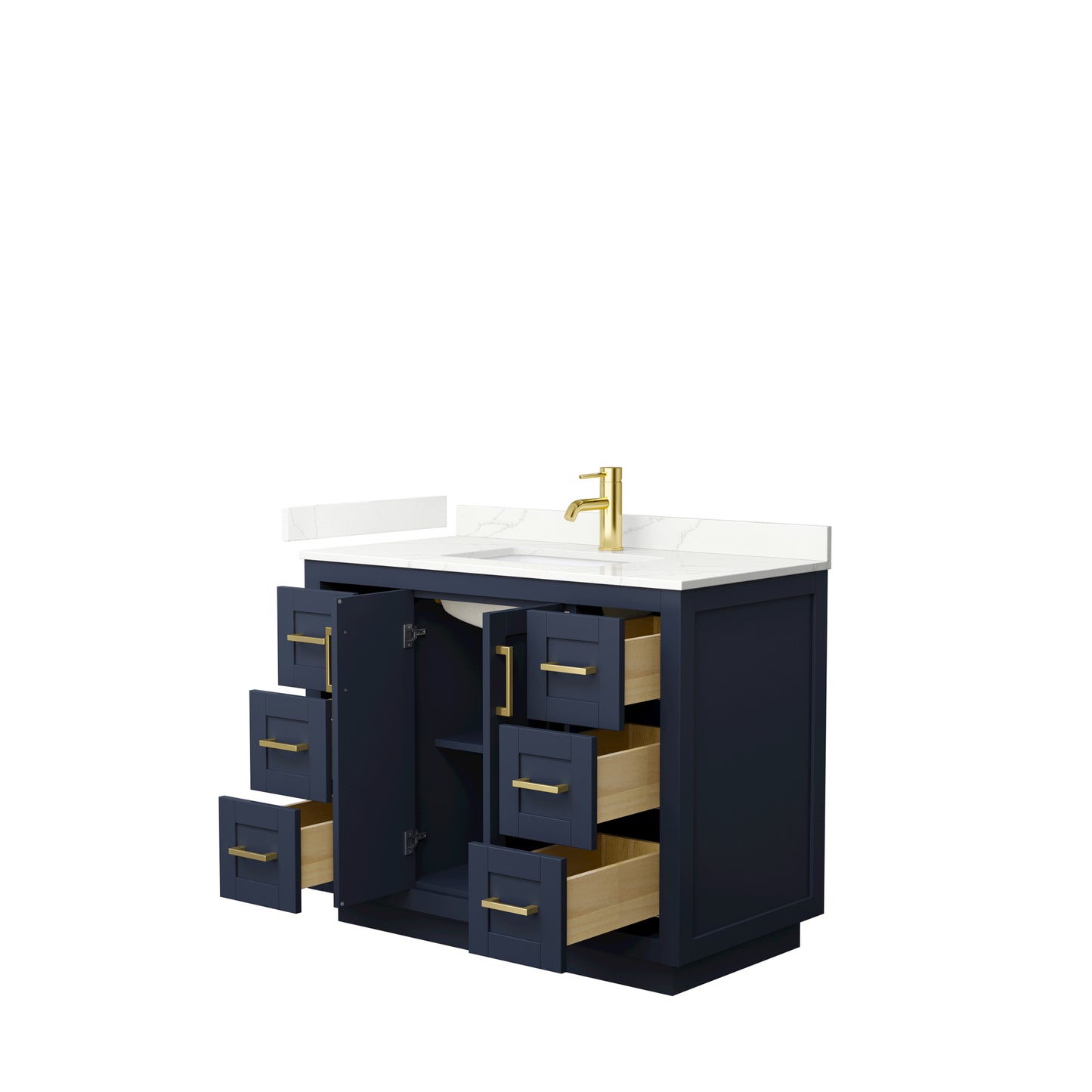 Wyndham Collection Miranda 42 Inch Single Bathroom Vanity in Dark Blue, Quartz Countertop, Undermount Square Sink, Brushed Gold Trim - Luxe Bathroom Vanities