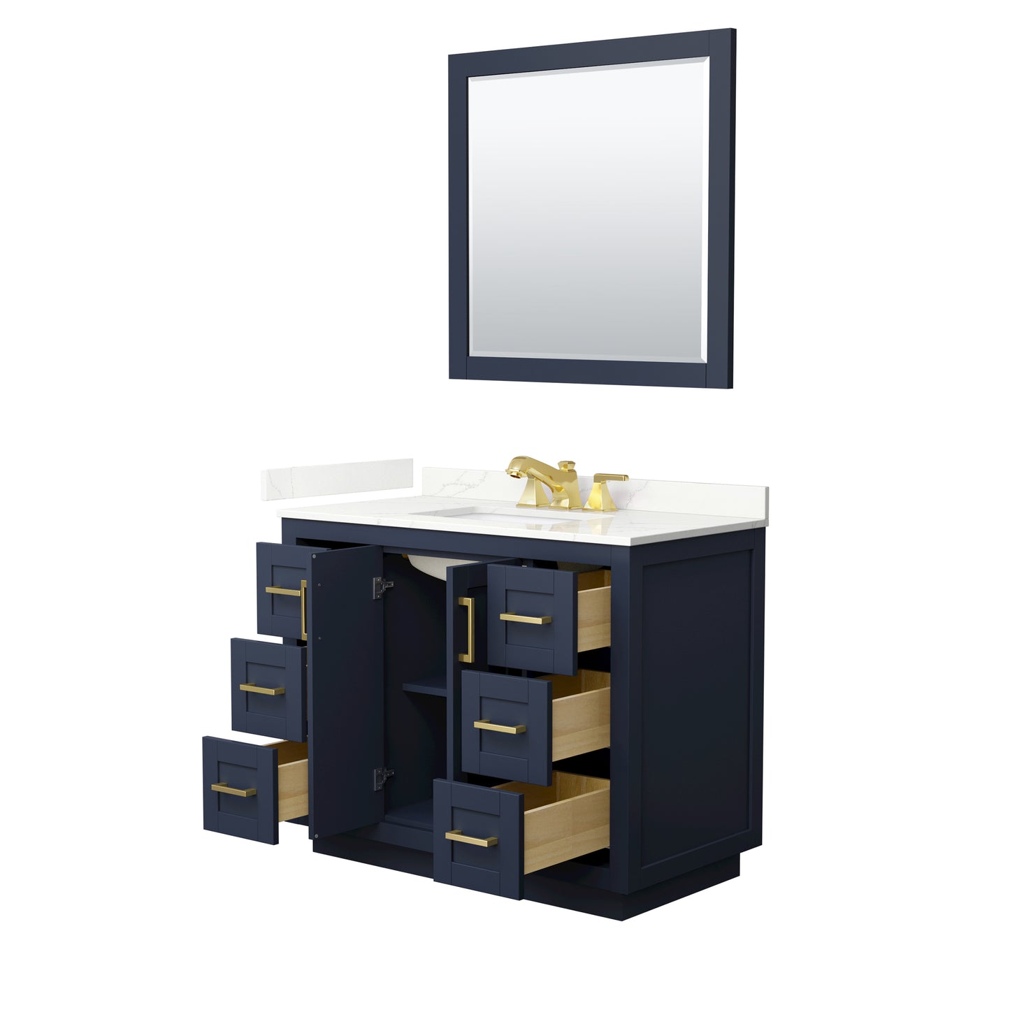 Wyndham Collection Miranda 42 Inch Single Bathroom Vanity in Dark Blue, Quartz Countertop, Undermount Square Sink, Brushed Gold Trim - Luxe Bathroom Vanities