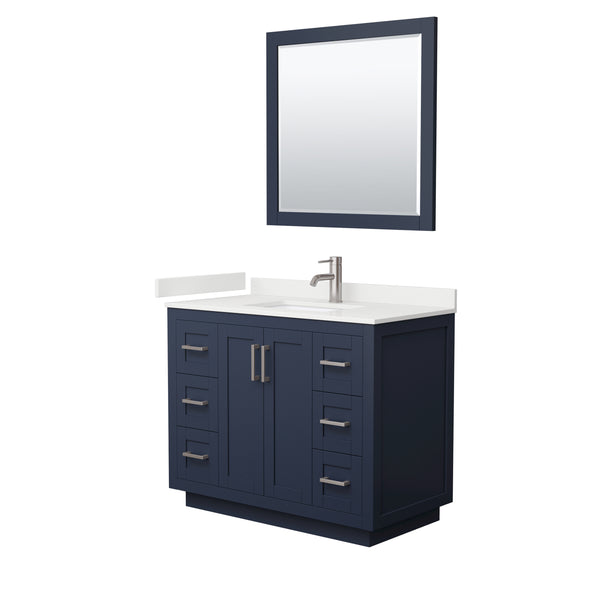 Wyndham Collection Miranda 42 Inch Single Bathroom Vanity in Dark Blue, Quartz Countertop, Undermount Square Sink, Brushed Nickel Trim - Luxe Bathroom Vanities