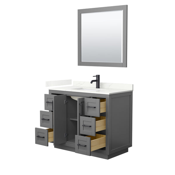 Wyndham Collection Miranda 42 Inch Single Bathroom Vanity in Dark Gray, Quartz Countertop, Undermount Square Sink, Matte Black Trim - Luxe Bathroom Vanities