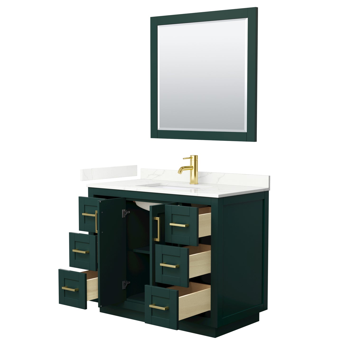 Wyndham Collection Miranda 42 Inch Single Bathroom Vanity in Green, Quartz Countertop, Undermount Square Sink, Brushed Gold Trim - Luxe Bathroom Vanities