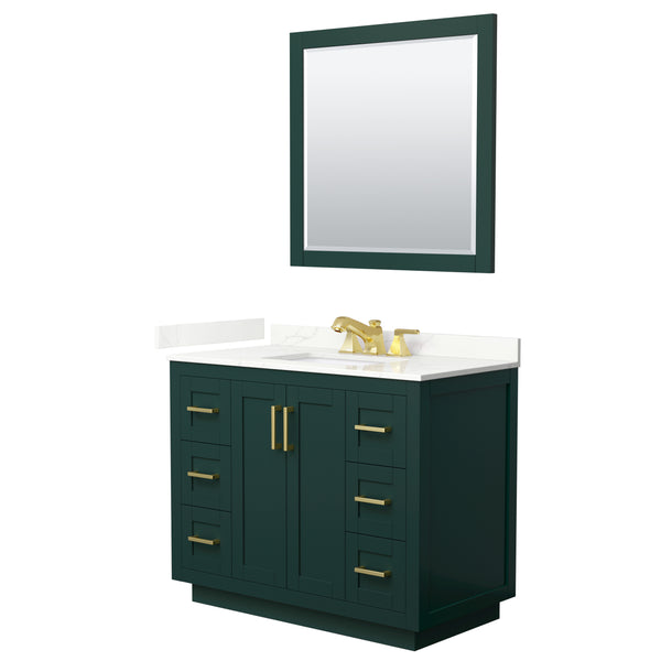 Wyndham Collection Miranda 42 Inch Single Bathroom Vanity in Green, Quartz Countertop, Undermount Square Sink, Brushed Gold Trim - Luxe Bathroom Vanities