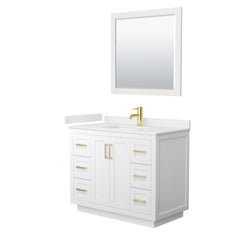 Wyndham Collection Miranda 42 Inch Single Bathroom Vanity in White, Quartz Countertop, Undermount Square Sink, Brushed Gold Trim - Luxe Bathroom Vanities