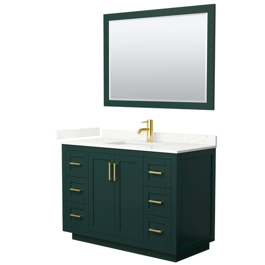 Wyndham Collection Miranda 48 Inch Single Bathroom Vanity in Green, Quartz Countertop, Undermount Square Sink, Brushed Gold Trim - Luxe Bathroom Vanities
