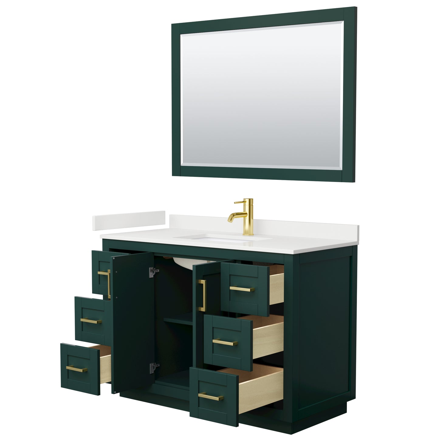 Wyndham Collection Miranda 48 Inch Single Bathroom Vanity in Green, Quartz Countertop, Undermount Square Sink, Brushed Gold Trim - Luxe Bathroom Vanities