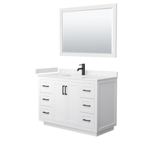 Wyndham Collection Miranda 48 Inch Single Bathroom Vanity in White, Marble Countertop, Undermount Square Sink, Matte Black Trim, 46 Inch Mirror - Luxe Bathroom Vanities