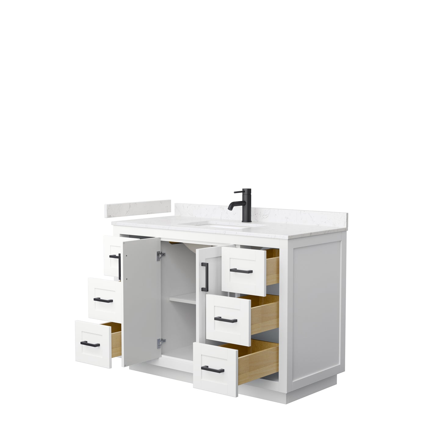 Wyndham Collection Miranda 48 Inch Single Bathroom Vanity in White, Marble Countertop, Undermount Square Sink, Matte Black Trim, 46 Inch Mirror - Luxe Bathroom Vanities