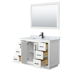 Wyndham Collection Miranda 48 Inch Single Bathroom Vanity in White, Marble Countertop, Undermount Square Sink, Matte Black Trim, 46 Inch Mirror - Luxe Bathroom Vanities